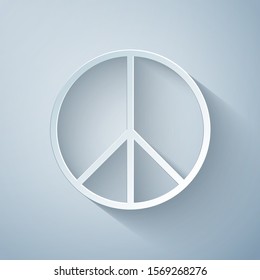 Paper cut Peace sign icon isolated on grey background. Hippie symbol of peace. Paper art style. Vector Illustration