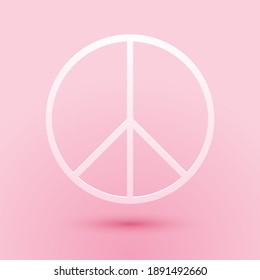 Paper cut Peace sign icon isolated on pink background. Hippie symbol of peace. Paper art style. Vector.