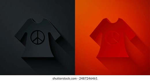 Paper cut Peace symbol dress print stamp icon isolated on black and red background. Paper art style. Vector