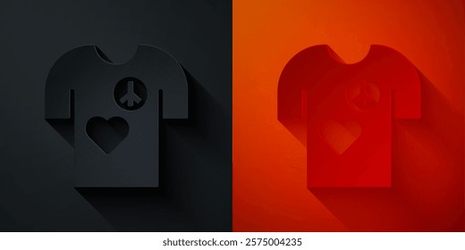 Paper cut Peace symbol t-shirt print stamp icon isolated on black and red background. Paper art style. Vector