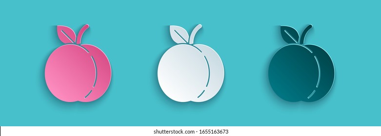 Paper cut Peach fruit or nectarine with leaf icon isolated on blue background. Paper art style. Vector Illustration