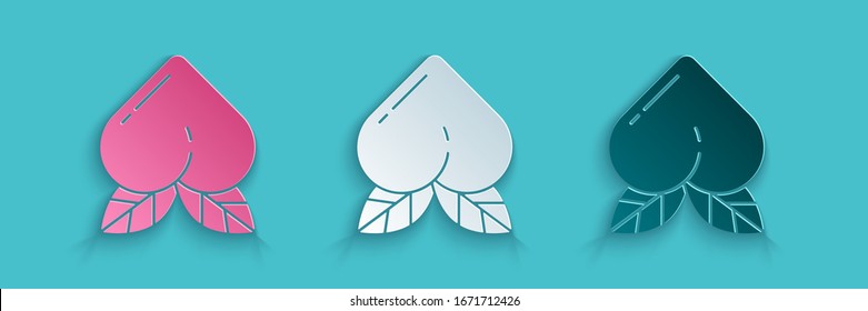 Paper cut Peach fruit or nectarine with leaf icon isolated on blue background. Paper art style. Vector Illustration