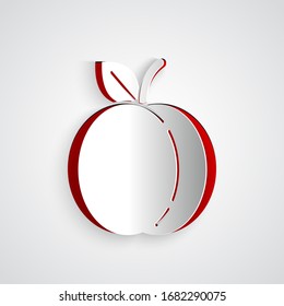 Paper cut Peach fruit or nectarine with leaf icon isolated on grey background. Paper art style. Vector Illustration