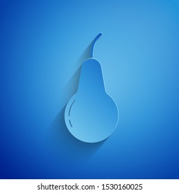 Paper cut Pear icon isolated on blue background. Fruit with leaf symbol. Paper art style. Vector Illustration