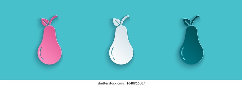 Cortar papel Icono Pear aislado en fondo azul. Fruta con símbolo de hoja. Estilo de arte de papel.  Ilustración vectorial