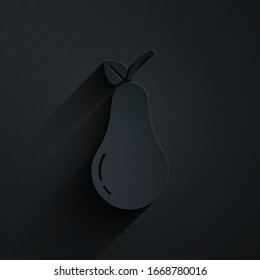 Paper cut Pear icon isolated on black background. Fruit with leaf symbol. Paper art style. Vector Illustration