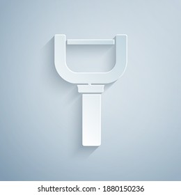 Paper cut Peeler icon isolated on grey background. Knife for cleaning of vegetables. Kitchen item, appliance. Paper art style. Vector.