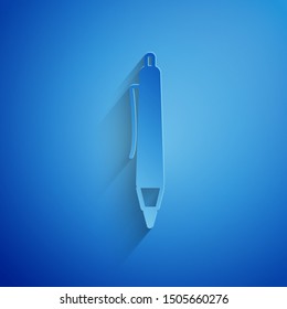 Paper cut Pen icon isolated on blue background. Paper art style. Vector Illustration