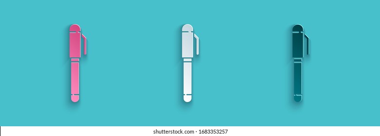 Paper cut Pen icon isolated on blue background. Paper art style. Vector Illustration