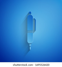 Paper cut Pen icon isolated on blue background. Paper art style. Vector Illustration