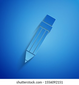 Paper cut Pencil with eraser icon isolated on blue background. Drawing and educational tools. School office symbol. Paper art style. Vector Illustration