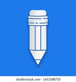 Paper cut Pencil with eraser icon isolated on blue background. Drawing and educational tools. School office symbol. Paper art style. Vector Illustration