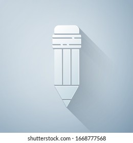Paper cut Pencil with eraser icon isolated on grey background. Drawing and educational tools. School office symbol. Paper art style. Vector Illustration