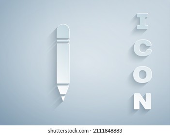 Papierschnitt Stift mit Radiergummi Symbol einzeln auf grauem Hintergrund. Zeichnen und Unterrichten. Schulbüro-Symbol Kunststil aus Papier. Vektorgrafik