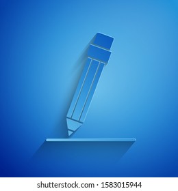 Paper cut Pencil with eraser and line icon isolated on blue background. Education sign. Drawing and educational tools. Paper art style. Vector Illustration