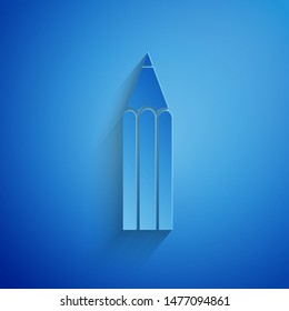 Paper cut Pencil icon isolated on blue background. Education sign. Drawing and educational tools. School office symbol. Paper art style. Vector Illustration