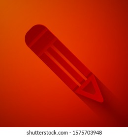 Paper cut Pencil icon isolated on red background. Education sign. Drawing and educational tools. School office symbol. Paper art style. Vector Illustration