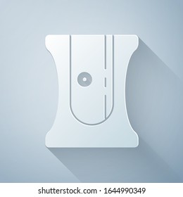 Paper cut Pencil sharpener icon isolated on grey background. Paper art style. Vector Illustration