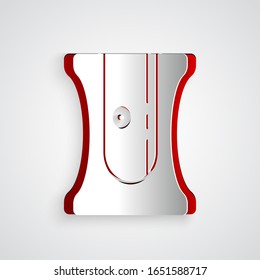Paper cut Pencil sharpener icon isolated on grey background. Paper art style. Vector Illustration