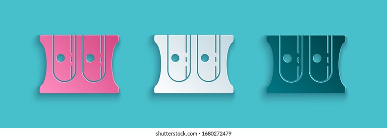 Paper cut Pencil sharpener icon isolated on blue background. Paper art style. Vector Illustration