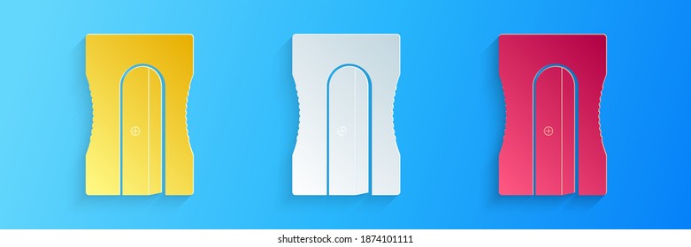 Paper cut Pencil sharpener icon isolated on blue background. Paper art style. Vector.