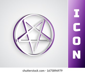 Paper cut Pentagram in a circle icon isolated on grey background. Magic occult star symbol. Paper art style. Vector Illustration