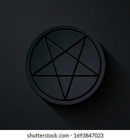 Paper cut Pentagram in a circle icon isolated on black background. Magic occult star symbol. Paper art style. Vector Illustration