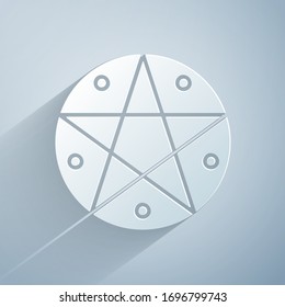 Paper cut Pentagram in a circle icon isolated on grey background. Magic occult star symbol. Paper art style. Vector Illustration