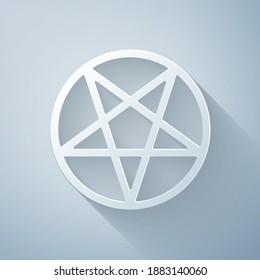 Paper cut Pentagram in a circle icon isolated on grey background. Magic occult star symbol. Paper art style. Vector