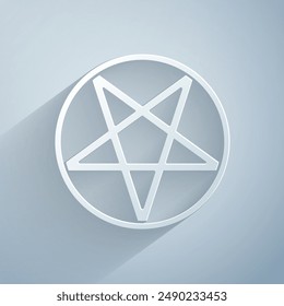 Paper cut Pentagram in a circle icon isolated on grey background. Magic occult star symbol. Paper art style. Vector Illustration