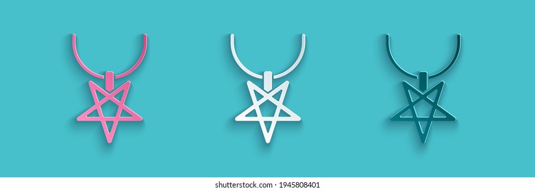 Paper cut Pentagram on necklace icon isolated on blue background. Magic occult star symbol. Paper art style. Vector