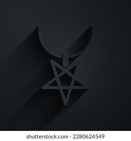 Paper cut Pentagram on necklace icon isolated on black background. Magic occult star symbol. Paper art style. Vector