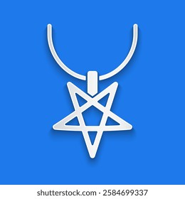 Paper cut Pentagram on necklace icon isolated on blue background. Magic occult star symbol. Paper art style. Vector