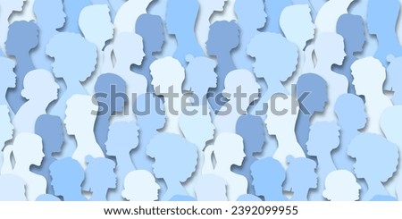 Paper cut people crowd seamless pattern. Diverse 3D papercut community, big cultural diversity group background illustration in realistic cutout style. Origami social team wallpaper texture.