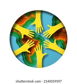 Paper Cut People Hand Team Raised Up Together Inside World Map Circle. Teamwork Support For Earth Care Or International Help Group Illustration Concept. Realistic 3d Papercut Design.