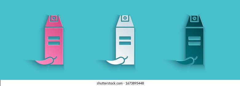Paper cut Pepper spray icon isolated on blue background. OC gas. Capsicum self defense aerosol. Paper art style. Vector Illustration