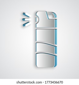 Paper cut Pepper spray icon isolated on grey background. OC gas. Capsicum self defense aerosol. Paper art style. Vector