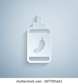 Pfefferspray-Symbol einzeln auf grauem Hintergrund. OC-Gas. Capsicum selbst verteidigt Aerosol. Kunststil aus Papier. Vektorgrafik.