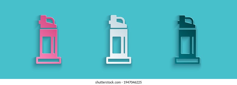 Paper cut Pepper spray icon isolated on blue background. OC gas. Capsicum self defense aerosol. Paper art style. Vector