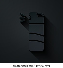 Paper cut Pepper spray icon isolated on black background. OC gas. Capsicum self defense aerosol. Paper art style. Vector