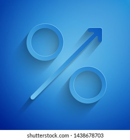 Paper cut Percent up arrow icon isolated on blue background. Increasing percentage sign. Paper art style. Vector Illustration