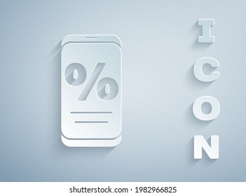 Paper cut Percent discount and mobile phone icon isolated on grey background. Sale percentage - price label, tag. Paper art style. Vector Illustration