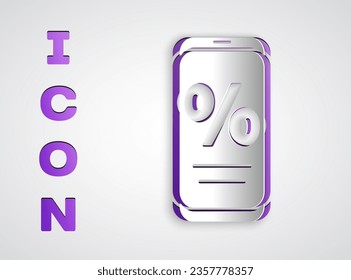 Paper cut Percent discount and mobile phone icon isolated on grey background. Sale percentage - price label, tag. Paper art style. Vector Illustration