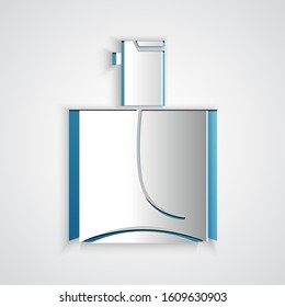Paper cut Perfume icon isolated on grey background. Paper art style. Vector Illustration