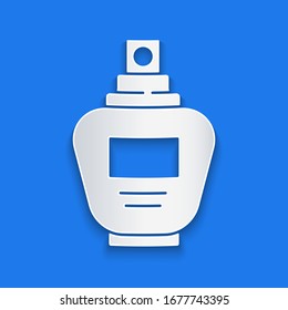Icono de corte de papel Perfume aislado en fondo azul. Estilo de arte de papel.  Ilustración vectorial