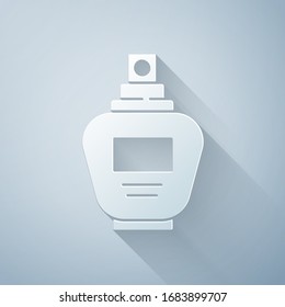 Paper cut Perfume icon isolated on grey background. Paper art style. Vector Illustration