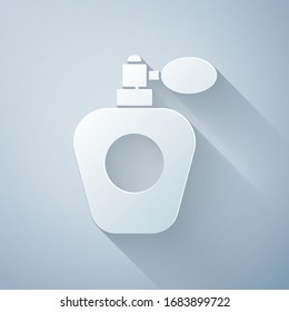 Paper cut Perfume icon isolated on grey background. Paper art style. Vector Illustration