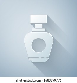 Paper cut Perfume icon isolated on grey background. Paper art style. Vector Illustration