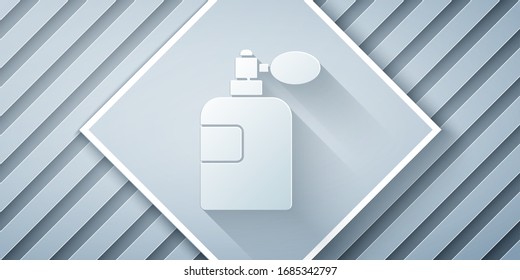 Paper cut Perfume icon isolated on grey background. Paper art style. Vector Illustration
