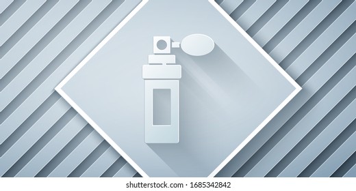 Paper cut Perfume icon isolated on grey background. Paper art style. Vector Illustration